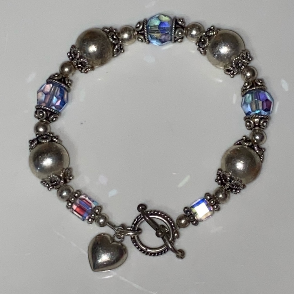 Sterling Silver Balls & Light Blue Beads with Puffed Heart Toggle Clasp Bracelet